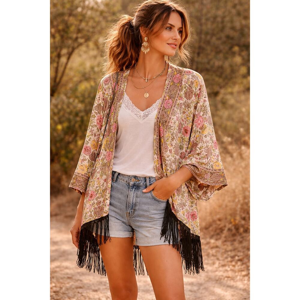 Karma Highway Topper Duster Floral Tassel Hem Boho Festival